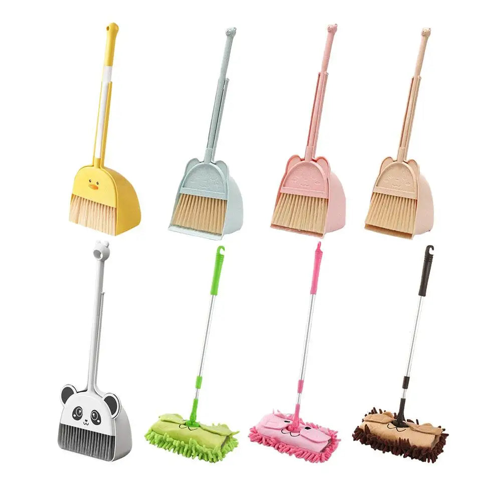 A set of five toddler mini brooms and dustpans in various pastel colors for cleaning.
