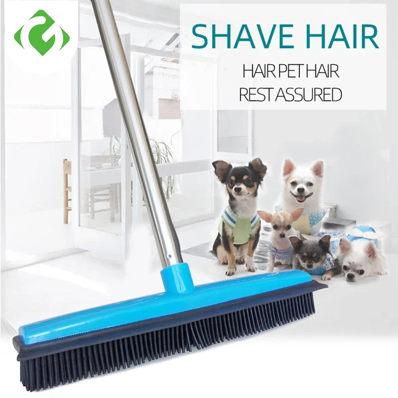 A blue telescopic rubber broom is shown with several dogs resting nearby, demonstrating hair pet rest assured.