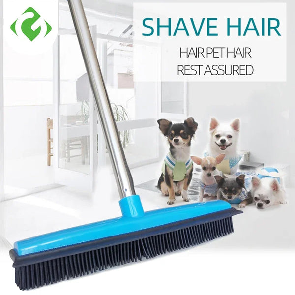 A blue telescopic rubber broom is shown with several dogs resting nearby, demonstrating hair pet rest assured.