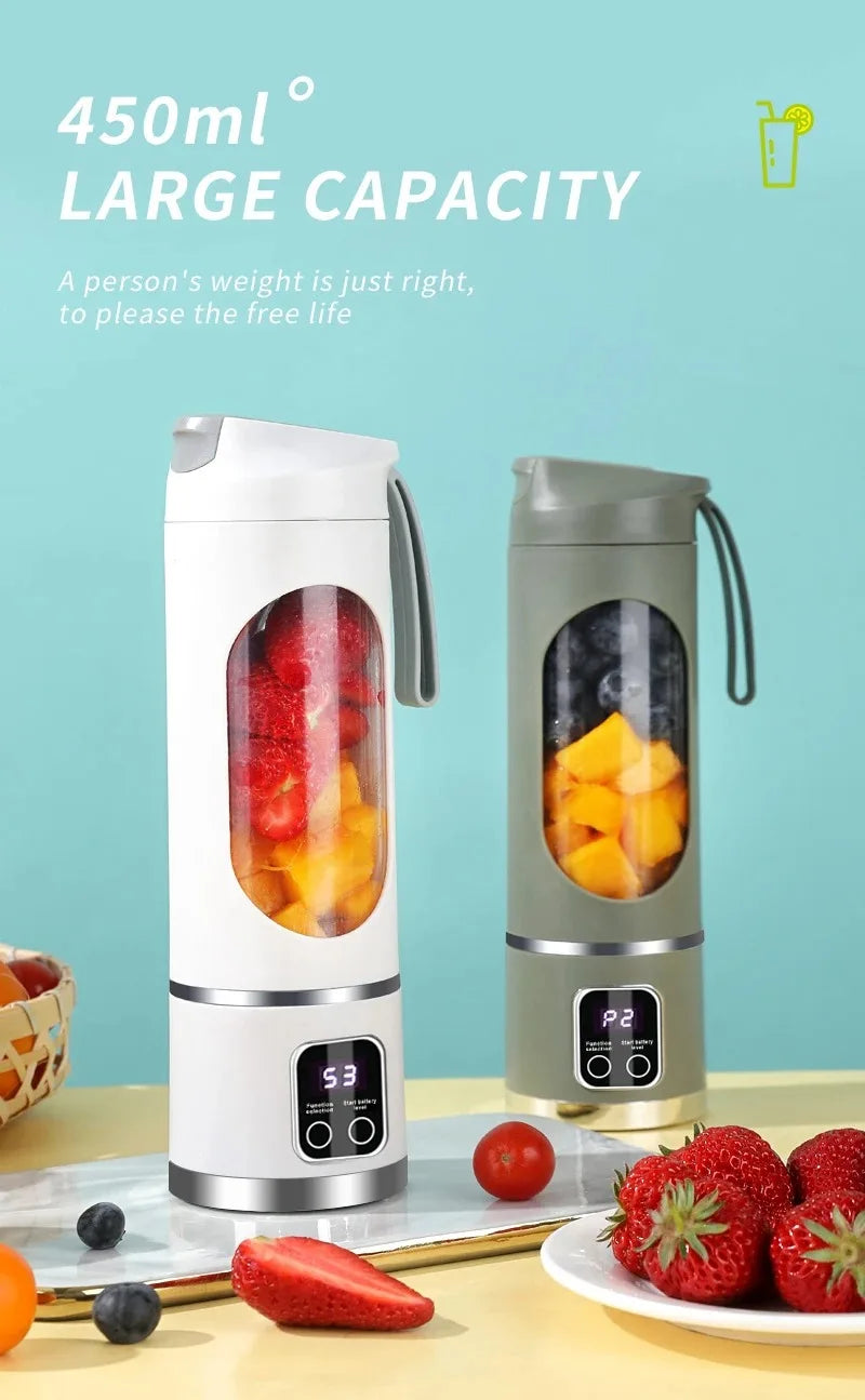 Extractor de jugo eléctrico portátil blanco con gran capacidad junto a frutas frescas.