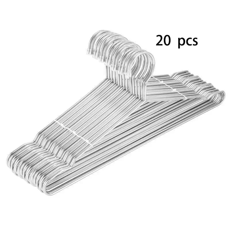 A bundle of 20 metal wire hangers for clothing.