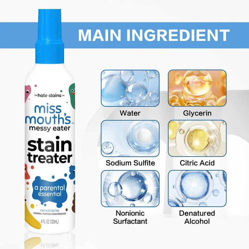 A bottle of Miss Mouths stain treater spray with a blue cap and label showing main ingredients.