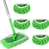 A set of reusable microfiber mop pads and a handle for cleaning floors.