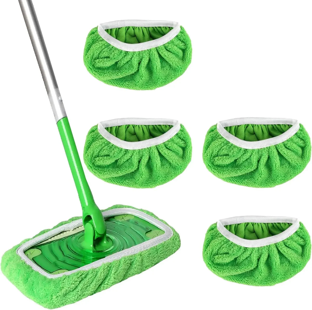 A set of reusable microfiber mop pads and a handle for cleaning floors.