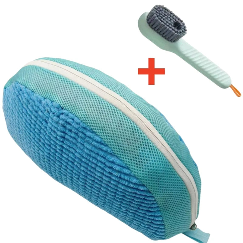 A teal shoe cleaning set featuring a storage bag and a brush with a handle.