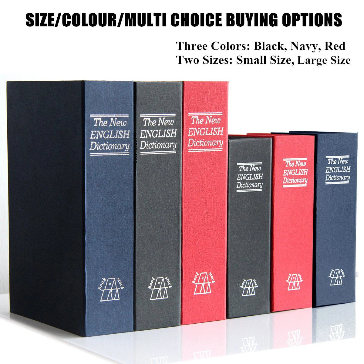 Three color English dictionary storage boxes in black navy and red with small and large sizes