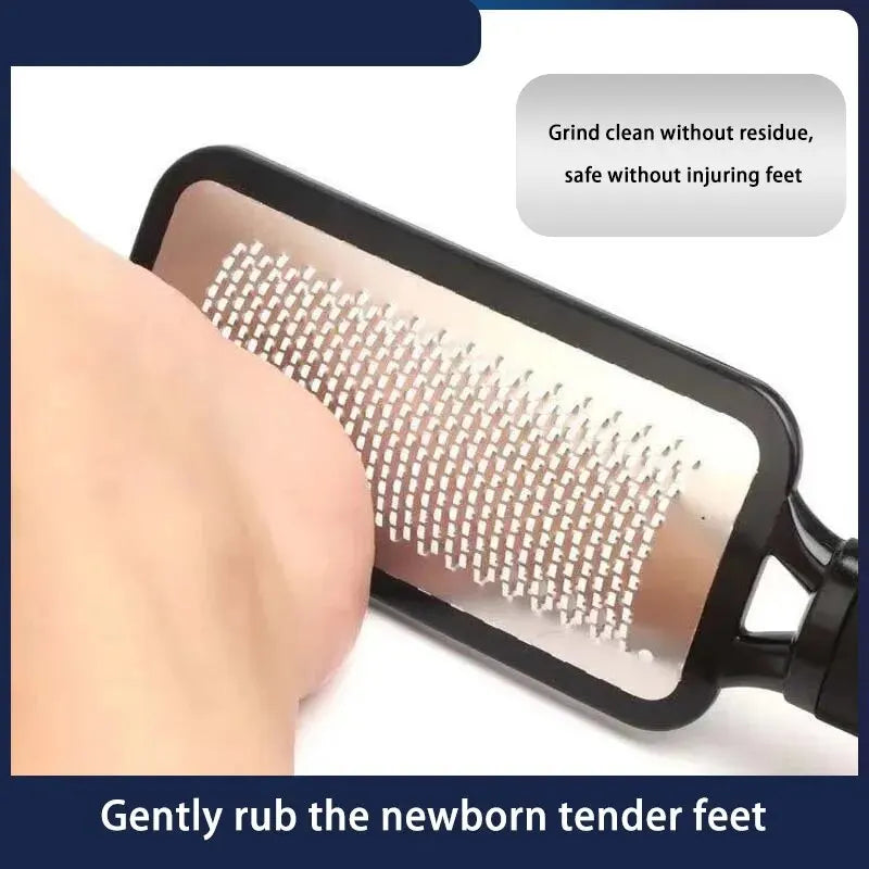 A close-up of a professional foot file and callus remover tool being used on a person's foot.