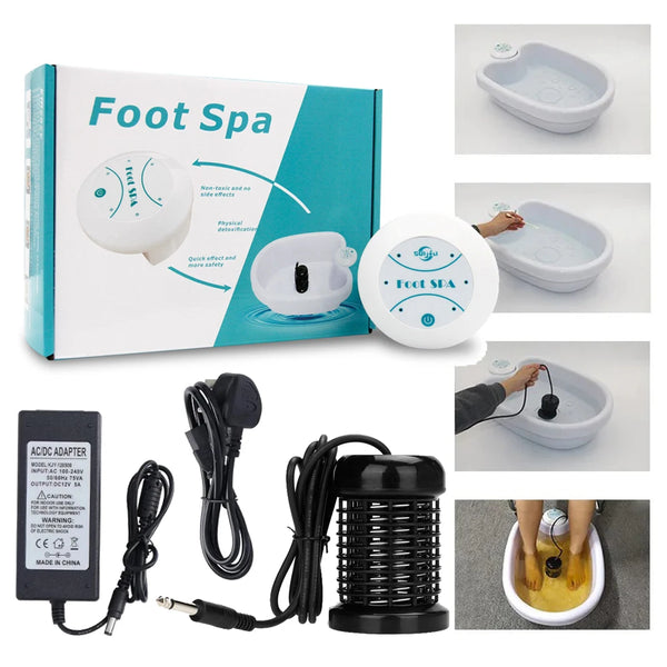 An ionic detox foot spa set including a device, adapter, and massage tool used for relaxing foot treatment.