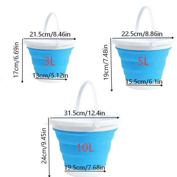 Three silicone buckets in blue and white showing various sizes from 3L to 10L