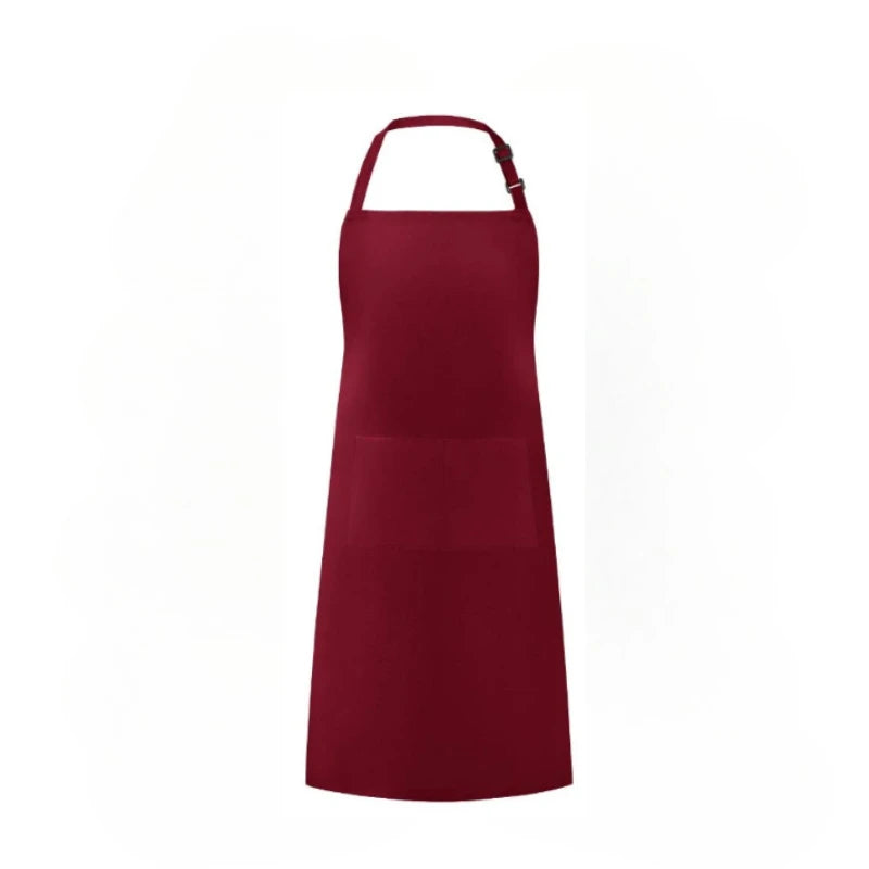 A maroon water-resistant bib apron with pockets shown against a white background.