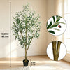 Artificial indoor olive tree in a black pot shown next to scale and close-ups of the leaves and trunk.