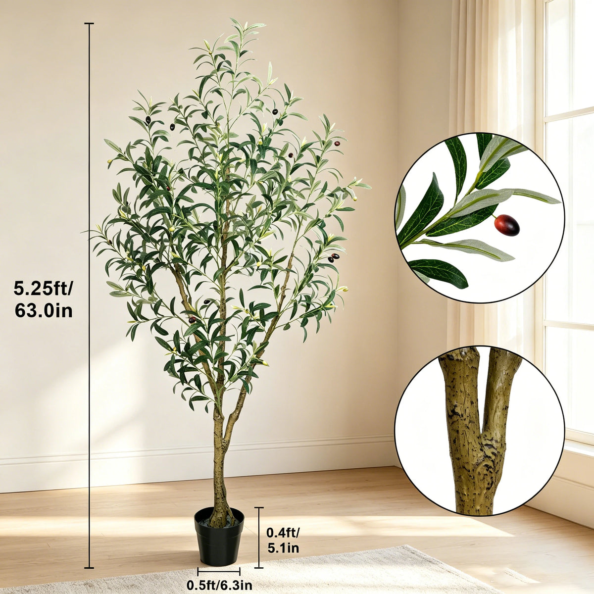 Artificial indoor olive tree in a black pot shown next to scale and close-ups of the leaves and trunk.