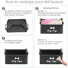 Instructions showing how to reshape a felt basket for dog toys using stuffing or ironing methods