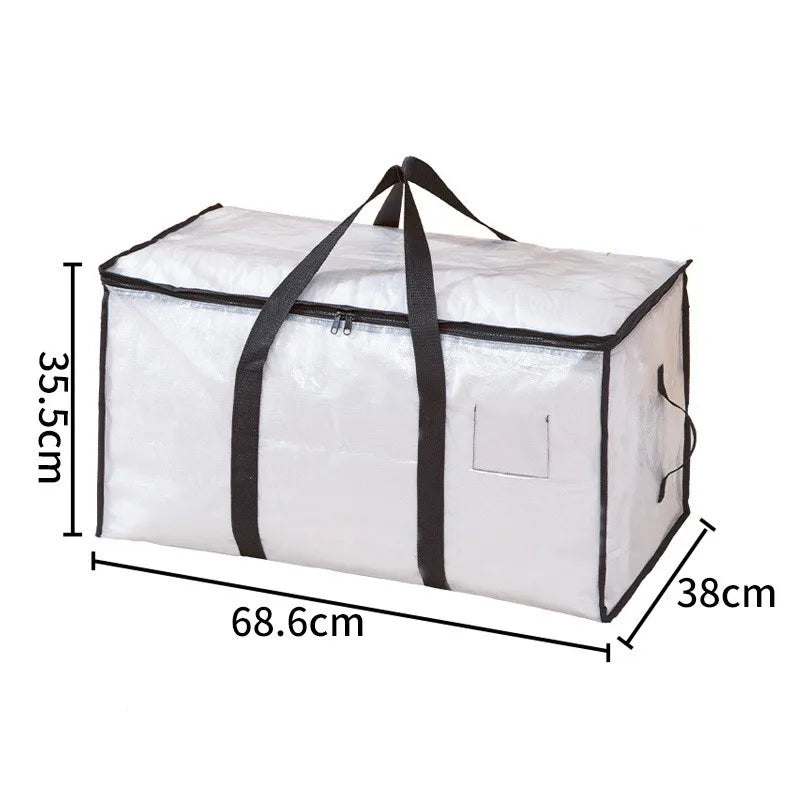 Weiße, transparente Decke-Aufbewahrungstasche mit schwarzen Riemen und Henkeln.