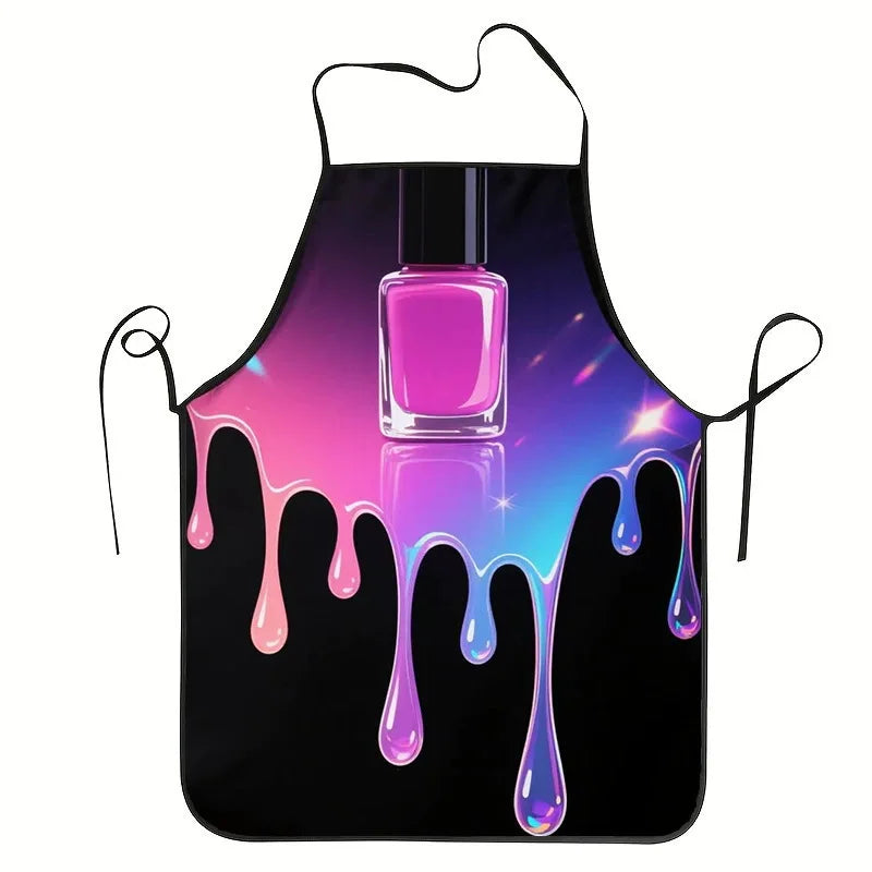 A black apron with a purple liquid dripping down, featuring a glass bottle design.