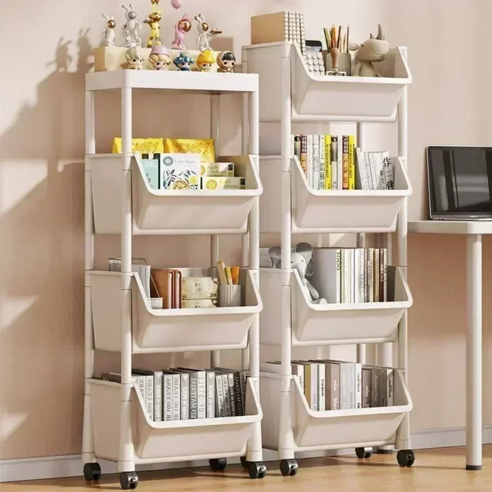 A white multi-tier rolling storage rack filled with various stationery and office supplies.