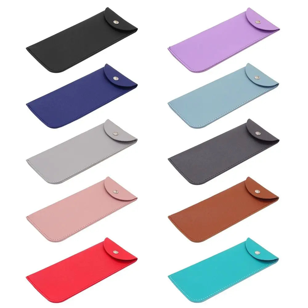 A collection of PU leather eyewear cases in various colors including black, purple, blue, mint green, gray, pink, and red.