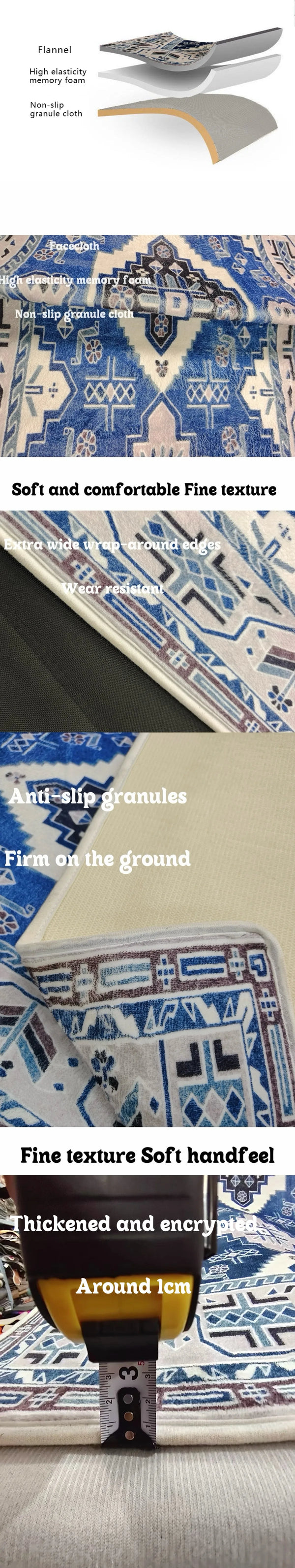 Close-up of a blue and white floral patterned floor mat showing fine texture and anti-slip granules.