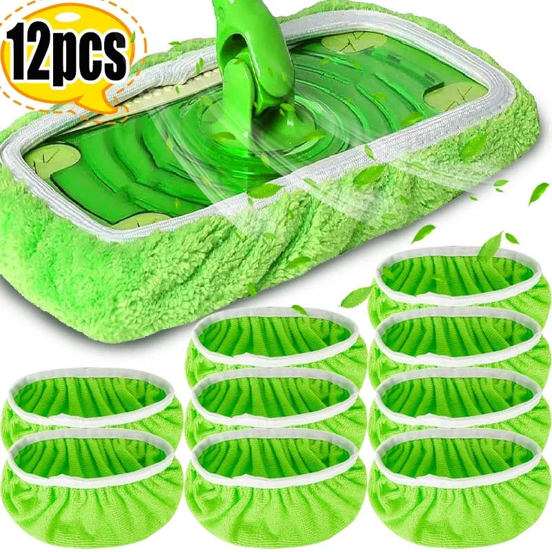 A set of twelve reusable green microfiber mop pads and a green mop head are displayed.
