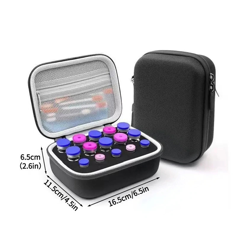 A portable peptide storage case shown with an open compartment and a closed zippered pouch, measuring 16.5cm by 11.5cm.