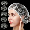 A woman is wearing a disposable transparent shower cap, with multiple views of the product shown.