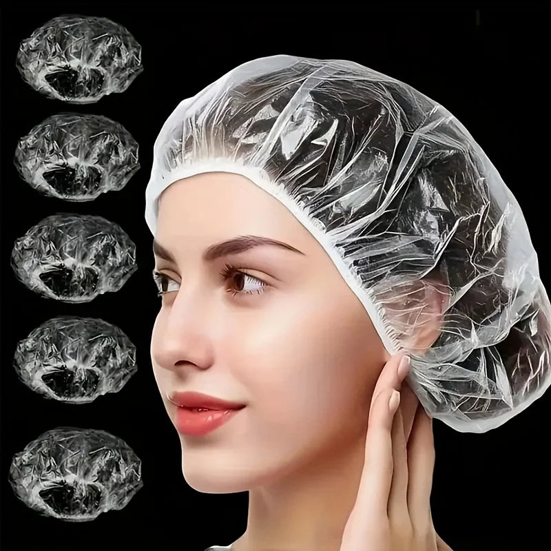 A woman is wearing a disposable transparent shower cap, with multiple views of the product shown.