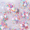 Clear spherical decorations filled with colorful confetti for events
