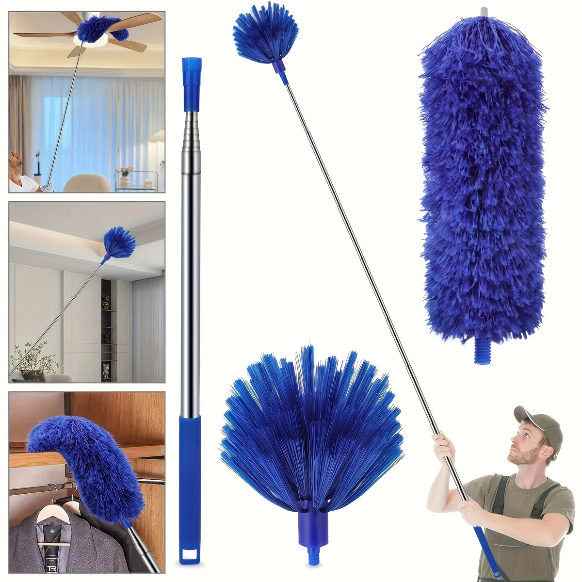 Extendable cleaning duster kit with blue fuzzy fibers and a long handle for cobwebs and fans