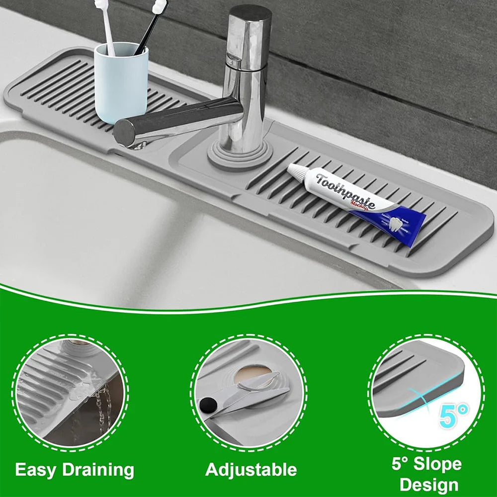 Silicone sink splash guard mat with a faucet and a brush for easy draining and adjustable use