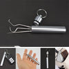 A stainless steel reusable toothpick set with a loop and two slender metal picks is shown in various views.