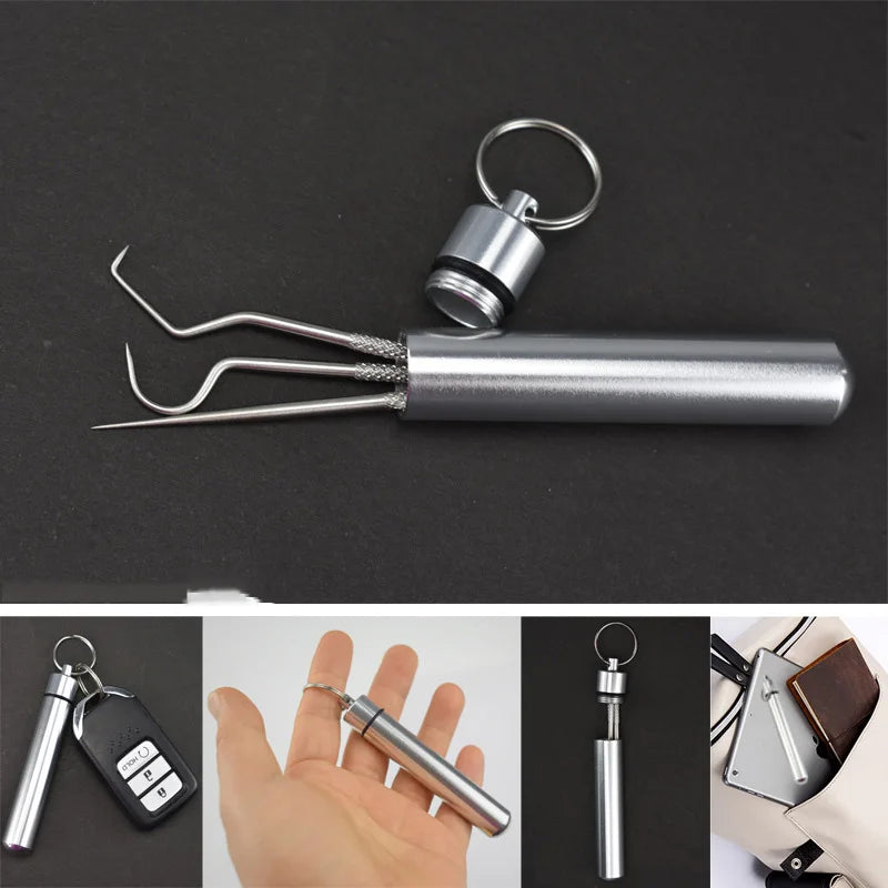 A stainless steel reusable toothpick set with a loop and two slender metal picks is shown in various views.