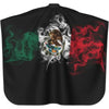 A black fabric featuring the flag of Mexico with a central emblem, displayed on a cape.