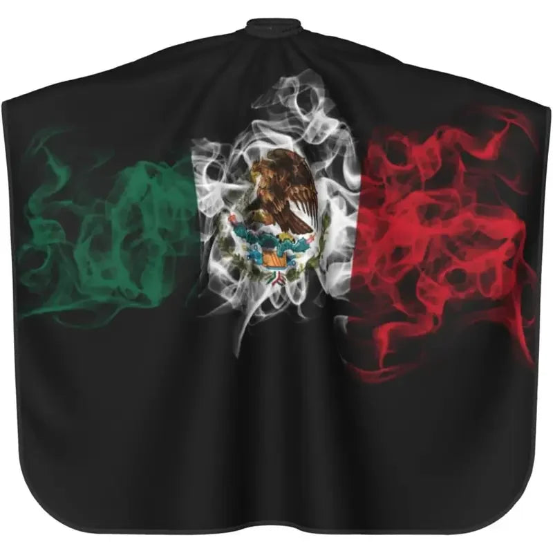 A black fabric featuring the flag of Mexico with a central emblem, displayed on a cape.