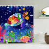 A vibrant illustration of a sea turtle swimming among colorful coral and underwater plants on a dark blue background.