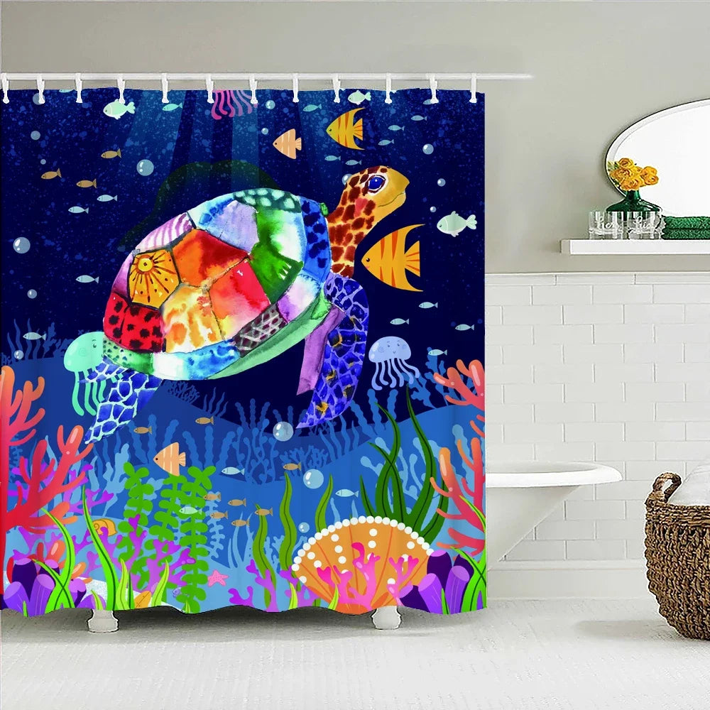 A vibrant illustration of a sea turtle swimming among colorful coral and underwater plants on a dark blue background.