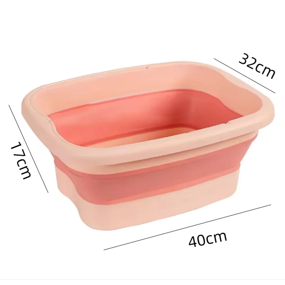 A pink portable foldable foot bath tub with dimensions 32cm by 40cm.