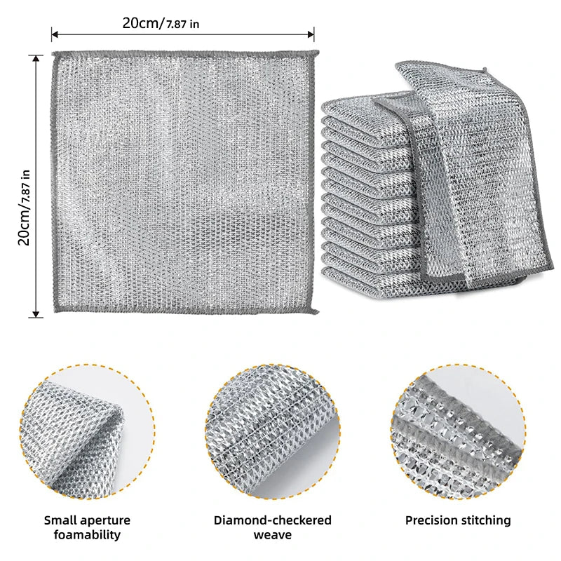 A set of stainless steel wire dish cleaning cloths showing various textures and stitching details.
