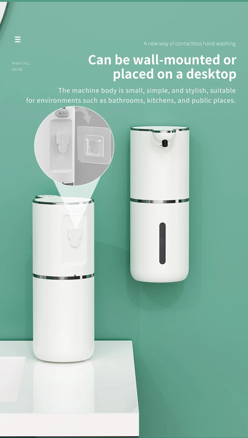 Dispensa de jabón automática recargable blanca montada en la pared, mostrada junto a un diagrama insertado.