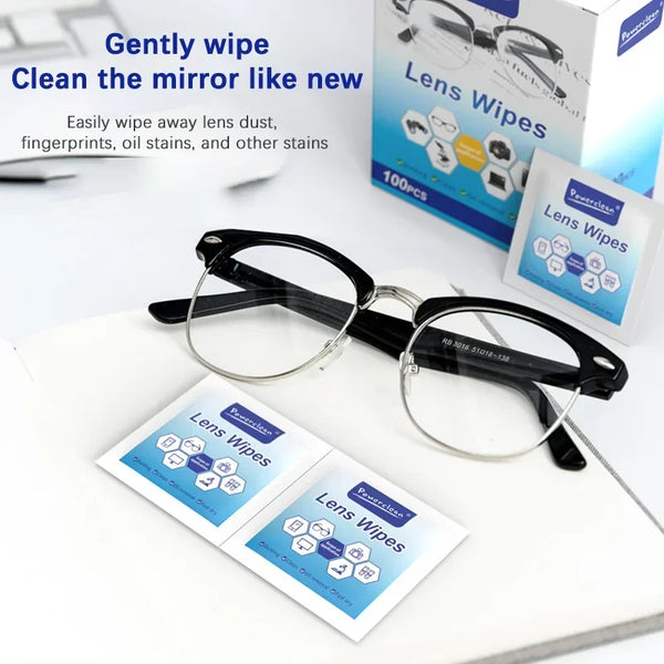 A set of Pre-Moistened Lens Wipes is shown next to a pair of eyeglasses and a box.