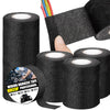 Rolls of black heavy-duty electrical insulation tape and a bundle of colored wires.