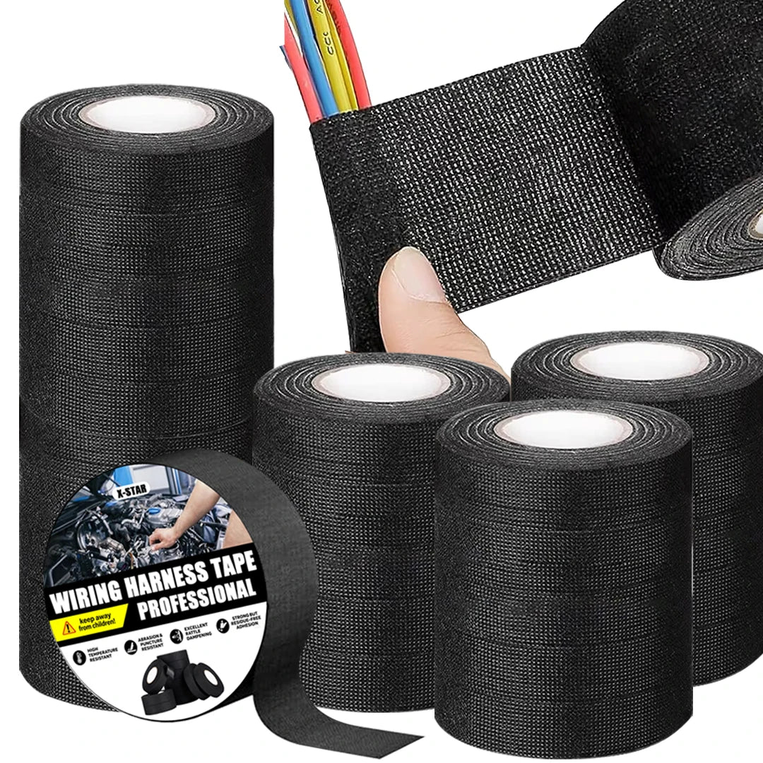 Rolls of black heavy-duty electrical insulation tape and a bundle of colored wires.