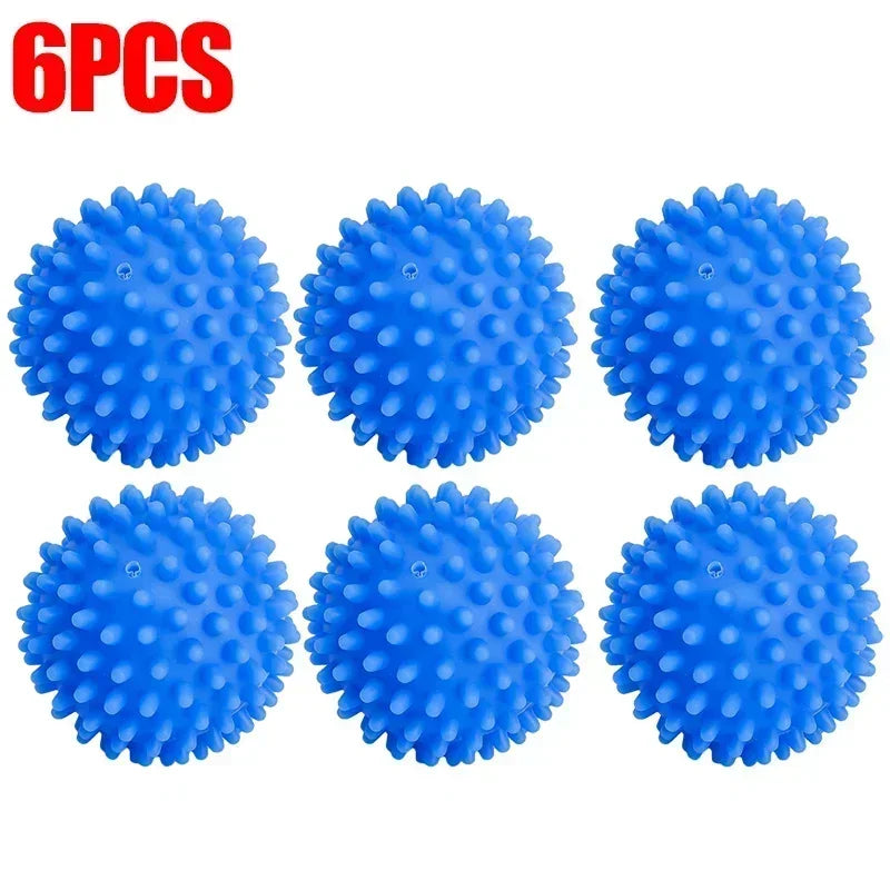 Six blue silicone laundry balls arranged in a row.