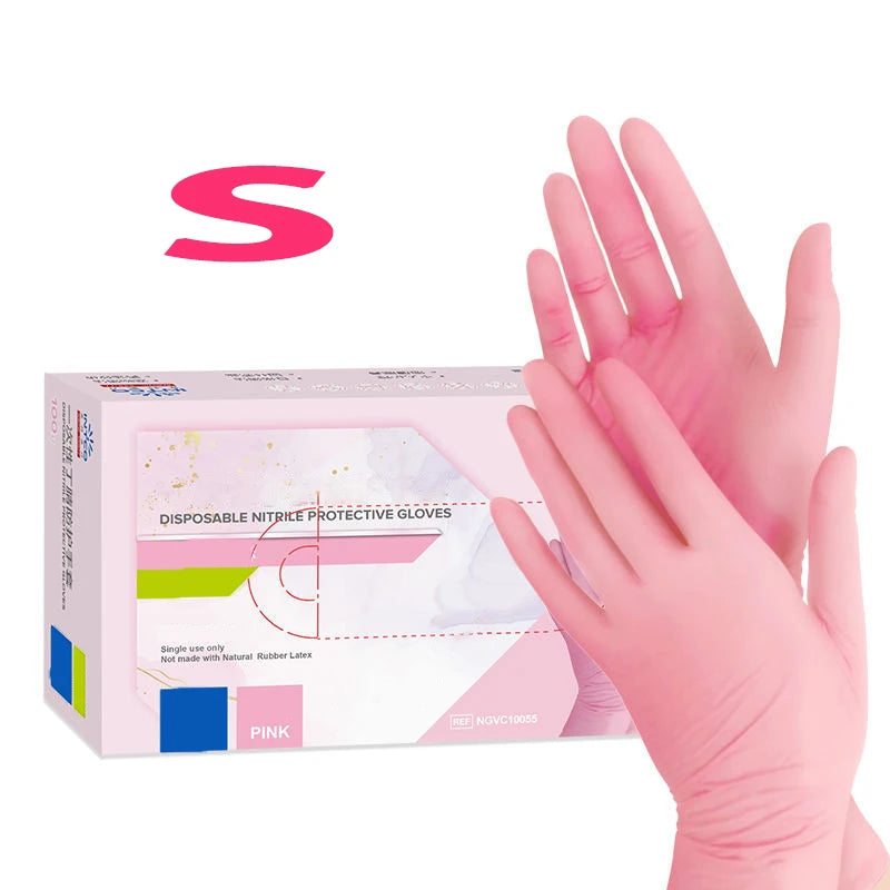 Pink disposable nitrile protective gloves shown next to a letter S