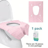 Rosa Einweg-Toilettendeckel auf einer weißen Toilette, eine Packung mit zehn Stück.
