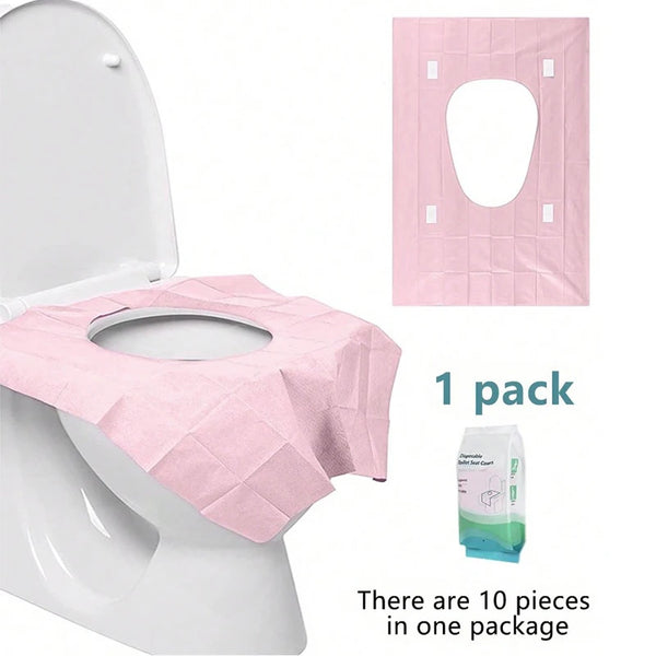 A pink disposable toilet seat cover is shown on a white toilet, with one package containing ten pieces.