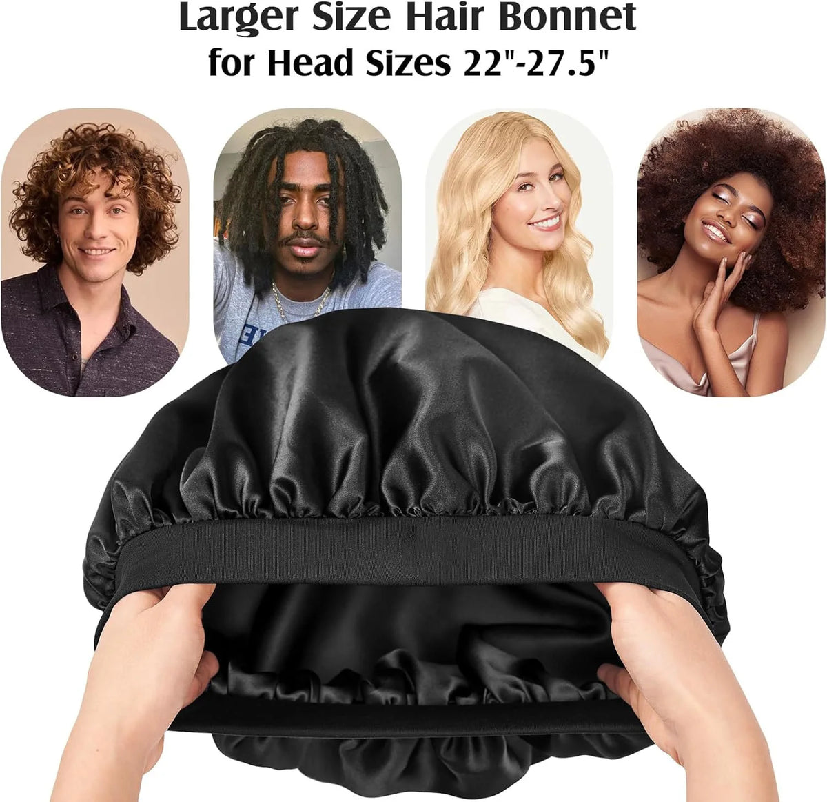 A black silk hair bonnet is shown being worn on a person's head, with examples of various hairstyles above.
