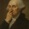 A portrait painting of an elderly man with white hair and a powdered face, looking intently to the side.