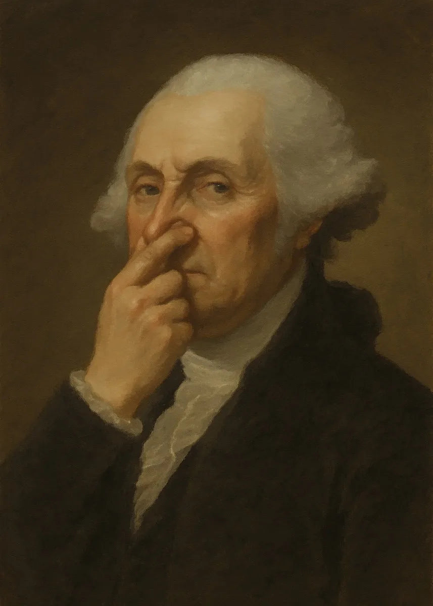 A portrait painting of an elderly man with white hair and a powdered face, looking intently to the side.