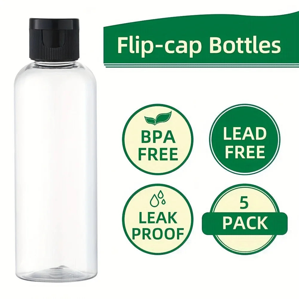 Clear plastic flip-cap bottles with green labels indicating BPA free, lead free, and leak proof features.