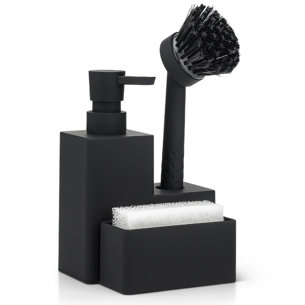 Black kitchen soap dispenser with a brush and sponge holder.
